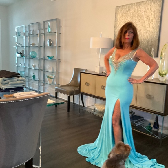 Panoply  Couture pageant gown.  aqua blue with side slit train, Ab crystals - Picture 5 of 9